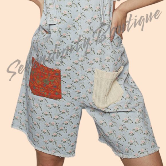 POL Farm Girl Chic Baggy Blue Floral Patchwork Pockets Denim Overall Shortalls - Picture 4 of 10